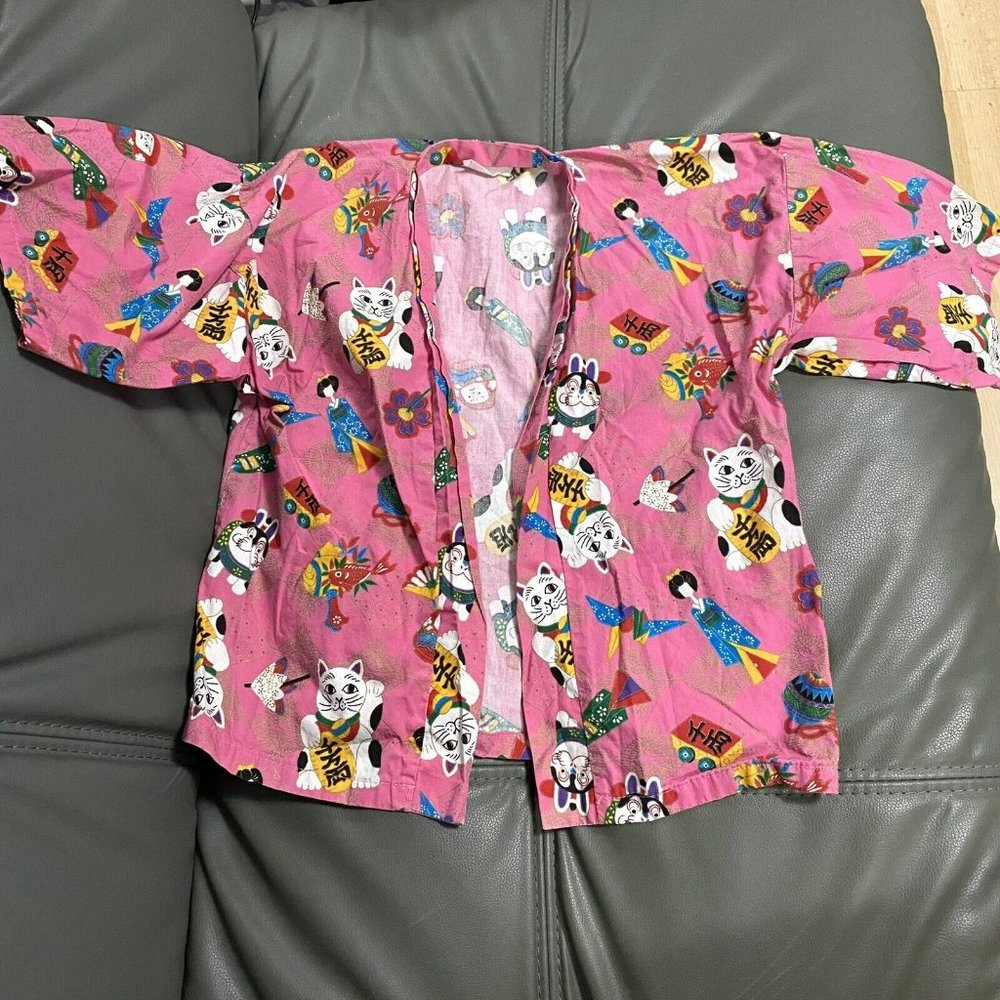 NIKKY Made In Hawaii Pink Girls M Kimono Shirt Top Japanese Manekineko Crane